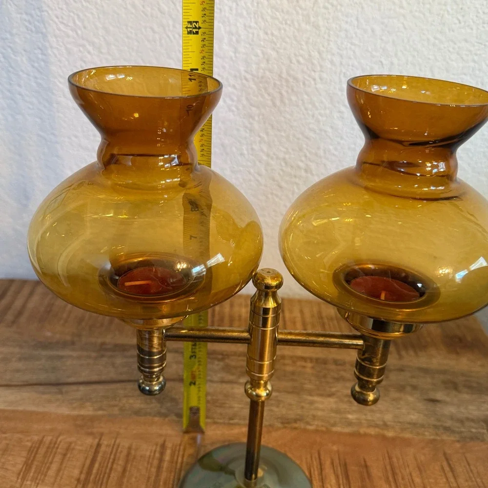 Vintage Brass Double Arm Candelabra Amber Glass Hurricane Tea Light Holder MCM